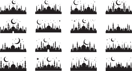Obraz premium Collection of mosque silhouettes with crescent moons and stars at night