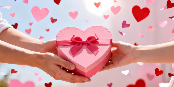 Close-up hands of a couple holding a heart-shaped pink gift box with ribbon against a background of floating hearts, Valentine's Day celebration, romantic surprise, love and anniversary concept