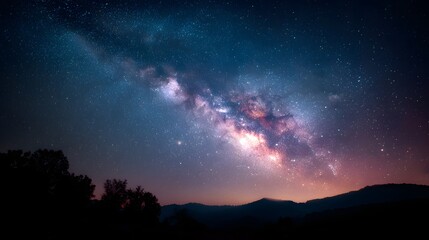 Stunning Milky Way Galaxy Arching Over Silhouetted Mountain Landscape.