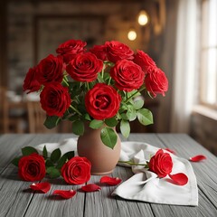 Fototapeta premium A beautiful bouquet of red roses in a vase on a wooden table. isolated on white background