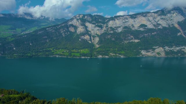 Aerial view around the lake walensee in Switzerland on a sunny day in summer.