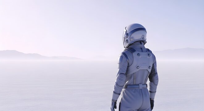 Astronaut in futuristic suit gazing at vast white open landscape horizon