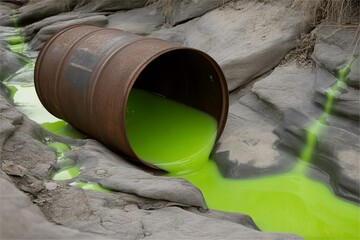 metal barrel pour toxic liquid into river creek. Chemical industry environment impact