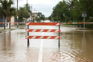 Road barrier blocking flooded street after storm. Urban flood disaster