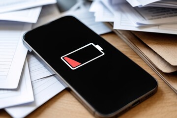 smartphone with low battery on messy paper desk. Work overload and mental energy deplete