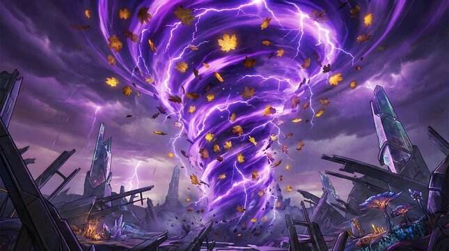 Fantasy illustration of a massive purple tornado swirling with lightning and debris suitable for disaster concepts or magical spell effects in gaming art.