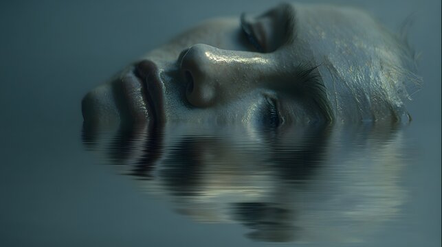 Distorted Human Face Emerging from Dark Water.
