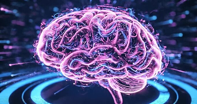 Glowing pink brain with neon circuitry on futuristic blue background, for technology or science presentation