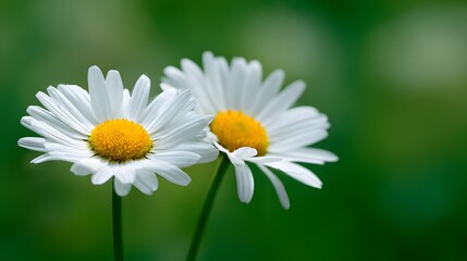 Fototapeta premium Two Delicate White Daisy Flowers Bloom in Soft Green Garden.