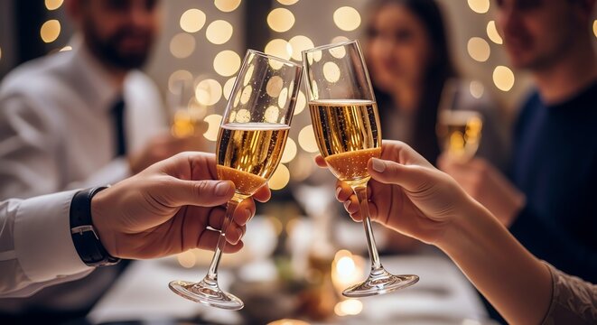 Close-up of people clinking champagne glasses together at a festive table with blurred guests and warm lights in the background.