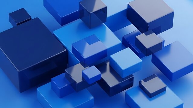 Abstract composition of blue cubes and squares on a gradient background