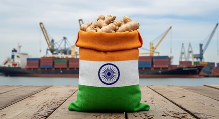 Indian flag bag filled with ginger on dock with cargo ships
