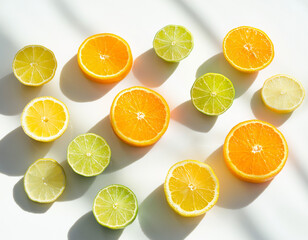 Fototapeta premium High-angle top-down shot of fresh citrus slices arranged on a clean white background. Features natural hard sunlight and long aesthetic shadows for a modern summer graphic design look.