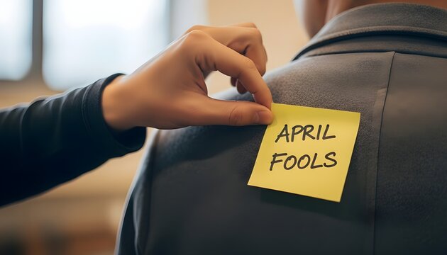 A hand sticking April Fool sticky note on person back