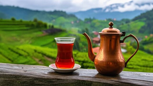 A traditional Turkish tea experience in Rize with a glass of hot black tea and copper teapot overlooking lush green tea fields in the mountains.