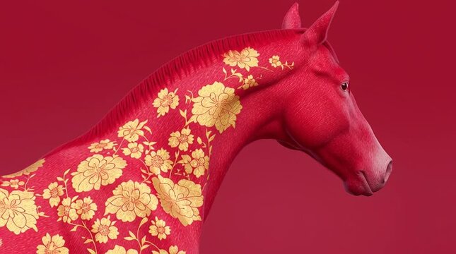Red horse with golden floral patterns stands majestically against a solid red background, showcasing its vibrant fur and intricate designs in a visually striking composition