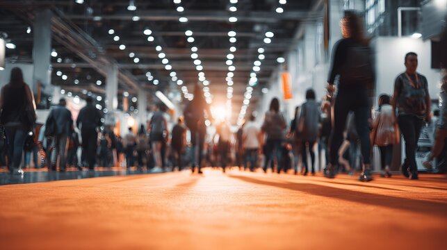 Crowd of blurred people walking down a long exhibition hall with bright lights.