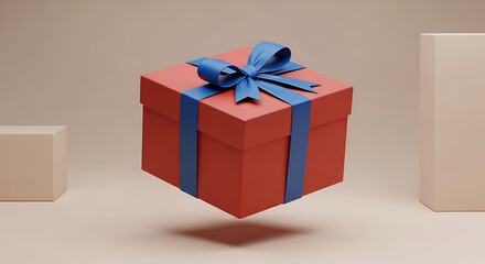 Fototapeta premium A vibrant red gift box with a blue ribbon floating in mid-air. isolated on transparent background, isolated on white background, illustration