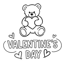 Obraz premium Cute teddy bear holding a heart with Valentines Day lettering in minimalist line art