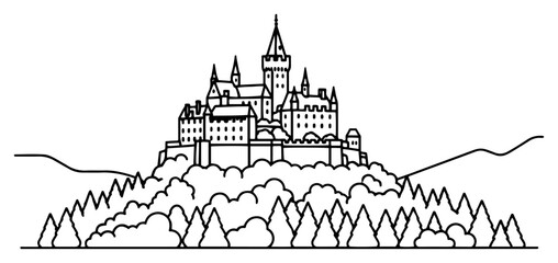 Majestic medieval castle perched on a hill surrounded by forest in minimalist line art style © AnimalZOO