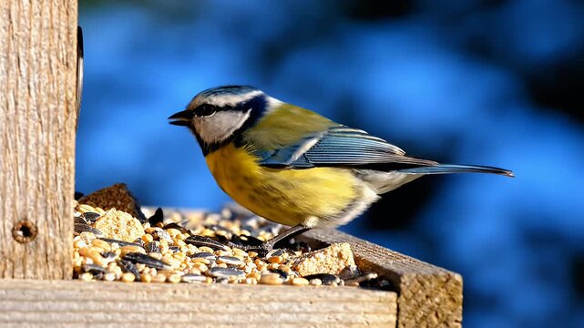 A beautiful blue tit bird perched on a wooden bird feeder eating seeds.
