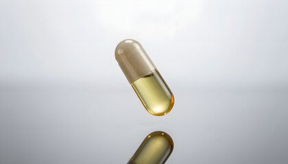Floating capsule filled with golden oil, showcasing its clarity and shine