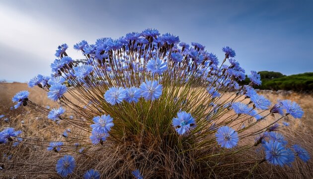 Aphyllanthes Monspeliensis Aphyllanthe De Montpellier En Touffe Dense De Fleurs Bleues Au Sommet De Tiges Ressemblant A Des Joncs Sans Feuillage Poussant Sur Pelouses Seches De Mediterranee