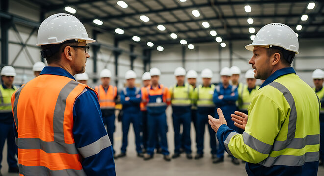 Supervisors lead a safety and operational briefing for industrial factory workers in hard hats and vests inside a large warehouse, promoting teamwork and efficiency
