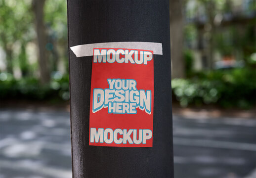 Real photo of Yellow guerilla sticker Attached to a Pole in a Barcelona. PSD mockup.