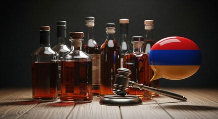 Armenian whiskey bottles with gavel and flag on wooden table