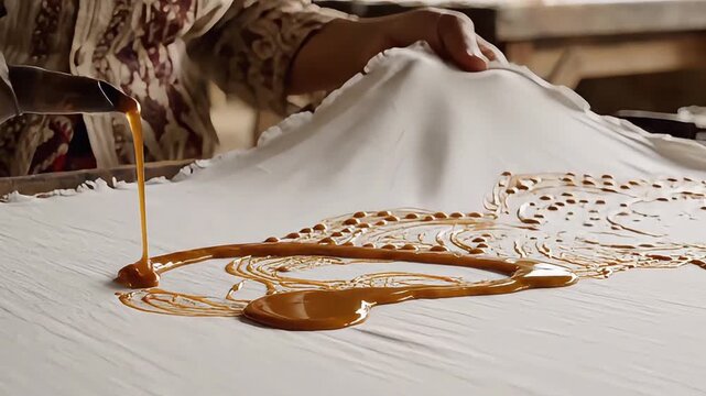 Close-up of a person applying molten wax onto white fabric to create a traditional batik pattern by hand, showcasing the intricate artistic process.