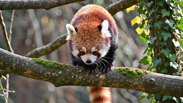 A captivating red panda gracefully perched on a tree branch in its natural habitat.