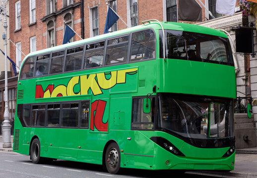 Real photo of double-decker bus  Parked on Street in Dublin City ready for mockup