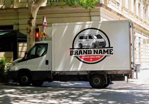 Real photo of Delivery Truck Parks in Barcelona. PSD mockup template.