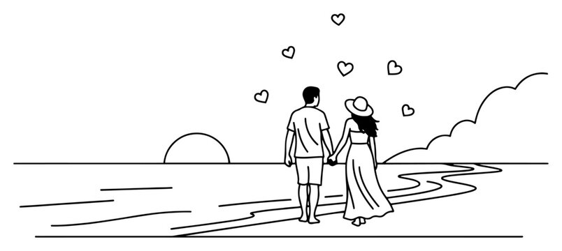 Romantic line art drawing of a couple walking on the beach at sunset with hearts