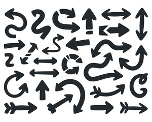 Assortment of bold stylized arrows showing various thick curved winding right angle and directional movements