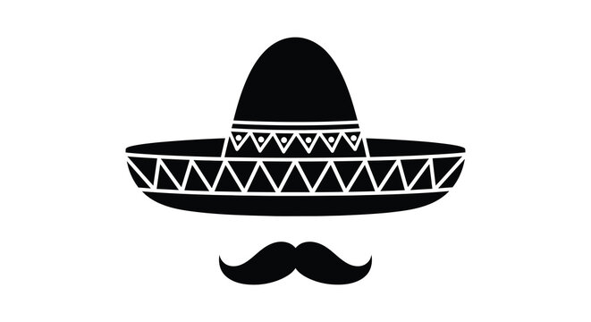 A striking black silhouette depicts a traditional mexican sombrero and mustache evoking cultural imagery silhouette high quality professional
