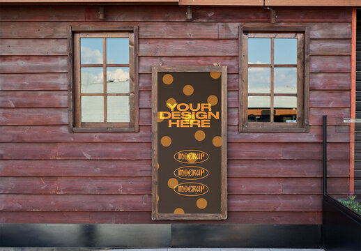 Real photo of info menu panel in restaurant facade. PSD mockup.