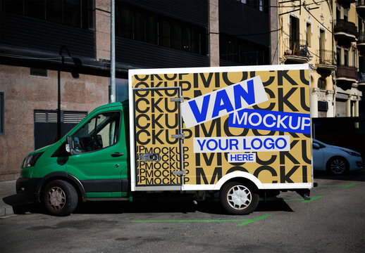 Real photo of Green Delivery truck ready for mockup