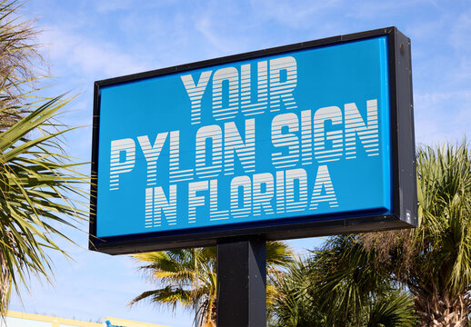 Real photo of Pylon Sign Mockup in St. Petersburg, Florida. Psd template mockup