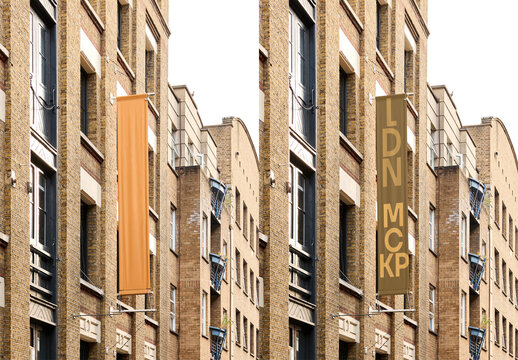 Real photo of big vertical fly banner in London. PSD template Mockup.