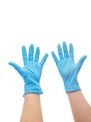 Doctor putting on protective gloves, isolated on white