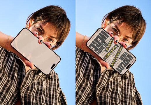 real photo of woman holding smartphone for screen mockup