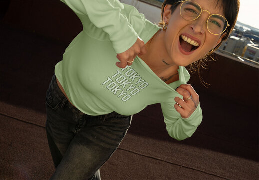 Real photo of Woman in T-Shirt Standing on Rooftop. PSD Mockup