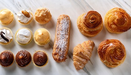 assorted pastries including mille feuille cannoli and profiteroles on a marble background
