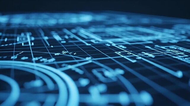Abstract digital circuit board with glowing blue lines and circles.