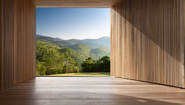 minimalist interior with fluted wall design and nature view