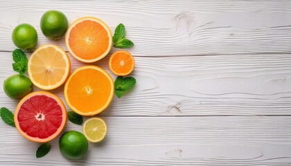 fresh citrus fruits with mint leaves on a white wooden background