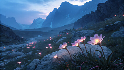 Magical Glowing Gemstone Flowers Blooming on Rocky Mountain Valley at Dusk, Ethereal Light