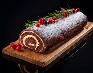 yummy tasty yule log with berries and rosemary decorations
